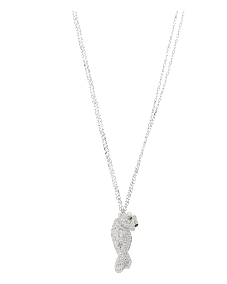 CARTIER 18K White Gold Diamond Onyx Emerald Panthère Pendant Necklace 1.1