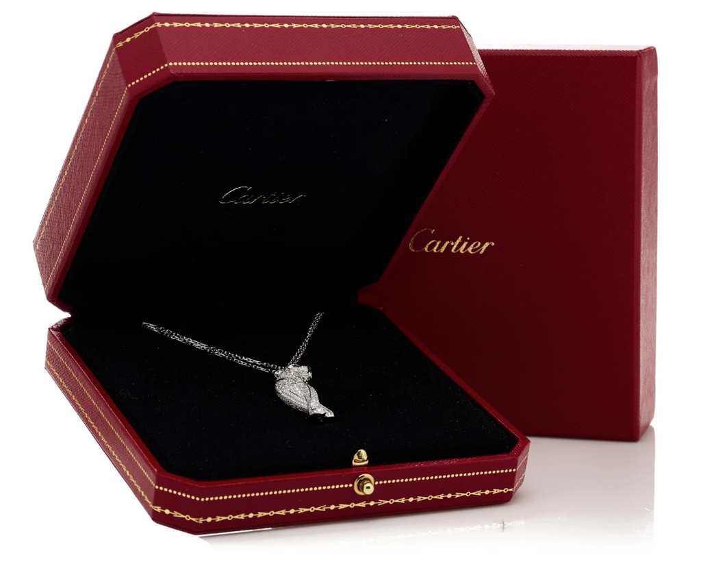 CARTIER 18K White Gold Diamond Onyx Emerald Panthère Pendant Necklace 1.1