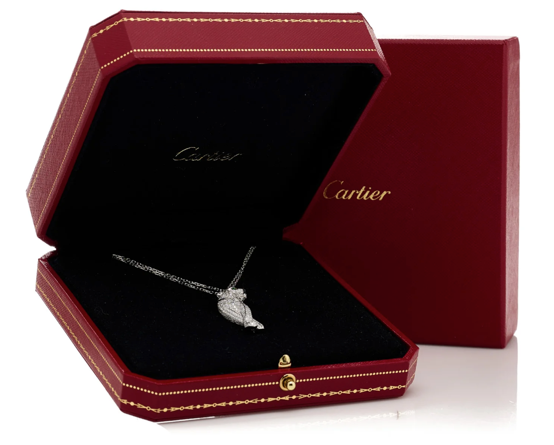 CARTIER 18K White Gold Diamond Onyx Emerald Panthère Pendant Necklace 1.1